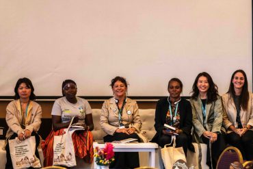 Speaker panel for the third session. Left to right: Sunita Kwangta,  Karen Environmental and Social Action Network (KESAN), Myanmar; Irene Arono, Pastoral Communities Empowerment Program (PACEP), Kenya; Elizabeth Assef, Fundación Inalafquen, Argentina; Regina Lepping,  Network for the Indigenous Peoples Solomon (NIPS), Solomon Islands; Di Zhang, UNDP; and Marion Marigo, UNDP