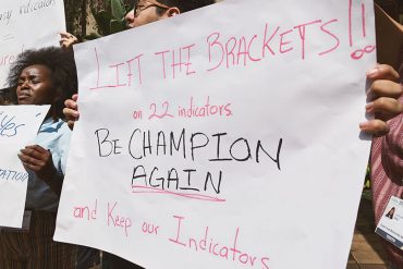 Women's Caucus ACTION demanding headline indicators for human rights today at the UN Campus on the last day of SBSTTA 25